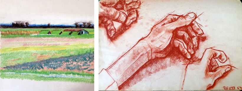 Study in pastel colours from my bedroom window in RAF Oakington and charcoal drawing of my left hand 1968