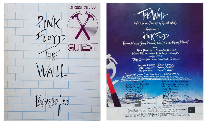 Pink Floyd - The Wall - Programme cover and credit page.<br /><br />From time to time we were asked to design and artwork a really urgent tour programme. The famous cartoonist Gerald Scarfe came in with all his illustrations and ideas, to brief us. The programme was for Pink Floyd - The Wall and it was the only time I ever slept in the office!